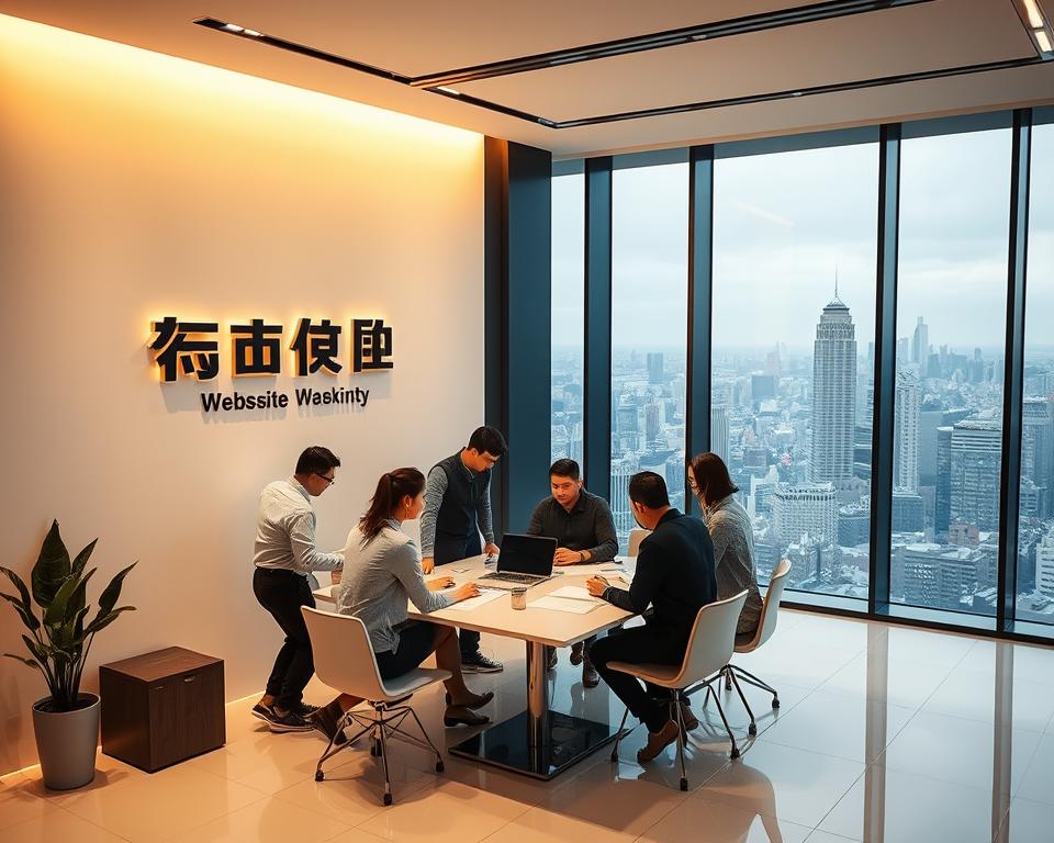 A sleek, modern office interior with warm lighting and clean lines. In the foreground, a team of professionals gathered around a conference table, discussing website designs and development plans. On the wall, the "云力智汇" brand logo is prominently displayed. In the background, large windows offer a panoramic view of a bustling city skyline. The overall atmosphere conveys a sense of professionalism, innovation, and a commitment to delivering a seamless, customized web presence for the client.